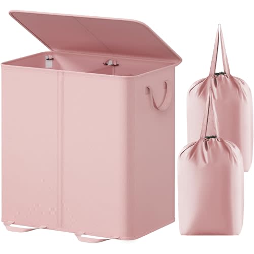 Lifewit Double Laundry Hamper with Lid and Removable Laundry Bags, Large Collapsible 2 Dividers Dirty Clothes Basket with Handles for Bedroom, Laundry Room, Closet, Bathroom, College, 136L Pink