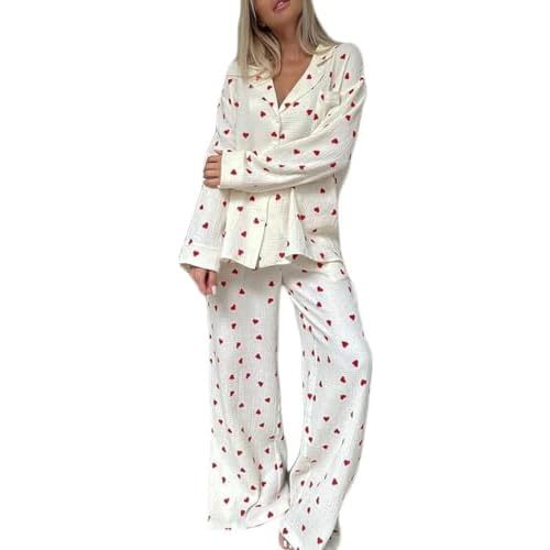 Womens Pajama Sets Cotton Pj Set Cute Heart Print Long Sleeve Button Down Shirt With Long Pants