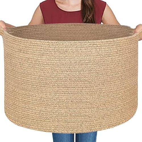 Large Wicker Storage Basket, 22” X 22” X 14” Woven Cotton Rope Basket, Kids Dog Toy Bin Organizer, Blanket Pillow Holder for Living Room, Brown Variegated Wicker Baskets for Organizing
