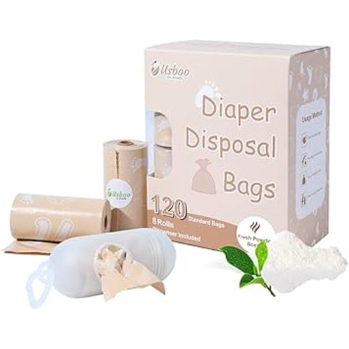 Diaper Bags Disposable for Baby, Biodegradeable Dirty Diaper Bags (8 Refill Rolls/120 Bags) with Dispenser | Leak Proof Diaper Trash Bags | Baby Poop Bags | Fresh Powder Scent
