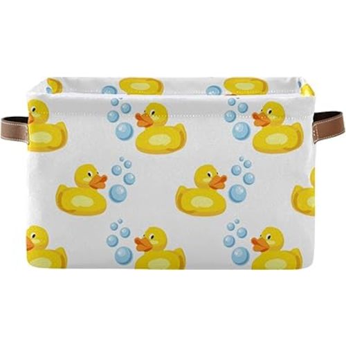 Rectangular Storage Basket Storage Bin - Yellow Rubber Ducks Collapsible Storage Box with Leather Handles Canvas Nursery Boxes Organizer for Shelves/Gift Baskets/Toy Organizer/Baby Room Decor