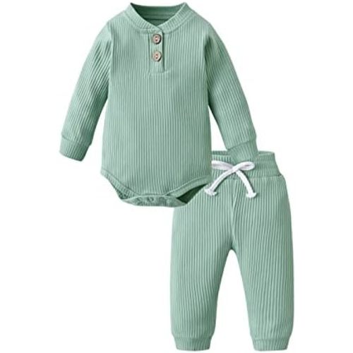 Derouetkia Newborn Baby Boy Girl Clothes Ribbed Cotton Long Sleeve Romper and Pants Outfits Set