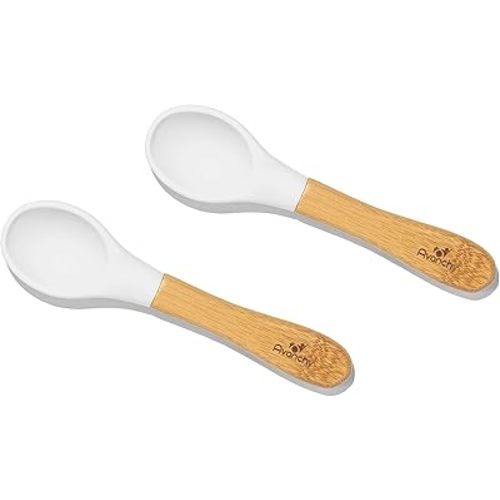 Avanchy Baby Spoons Bamboo and Silicone Set, Self Feeding Food Utensils, 4 Months Baby Led Weaning, 2 Pack White