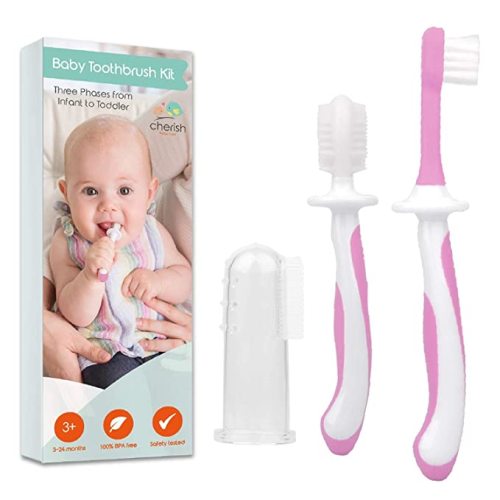 Cherish Baby Care Baby Toothbrush Set (3-24 Months) - BPA-Free Baby Finger Toothbrush, Training Toothbrush & Toddler Toothbrush - Designed in Canada - Complete Baby’s First Toothbrush Kit (Pink) - Babies
