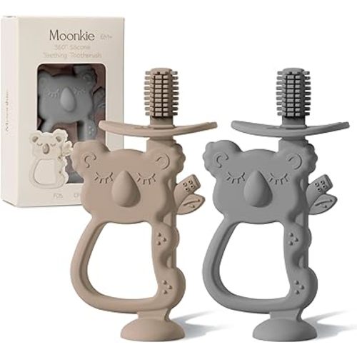 Moonkie Teething Toy Set of 2, Safe & Easy to Hold BPA Free Silicone Teethers, 360° Baby Toothbrush with Suction Base, Teether Toys Best for Babies 6-12 Months (Koala Warm Taupe/Lunar Grey)