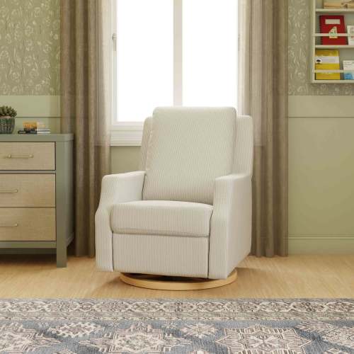 Namesake Crewe Swivel Glider Recliner (Color: Fog Chatham Stripe Performance Eco-Weave with Light Wood Base)