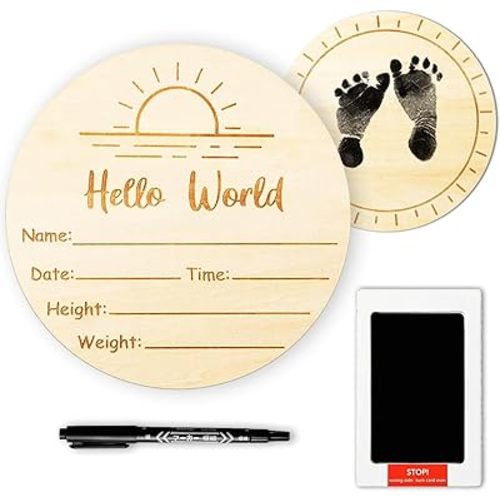 Baby Announcement Sign, 5.9" Wooden Hello World Newborn Sign with Marker Pen and Ink Pad for Baby Hand Footprints,2 Sided Boho Sun Name Announcement Sign for Nursery Hospital Baby Shower Keepsake