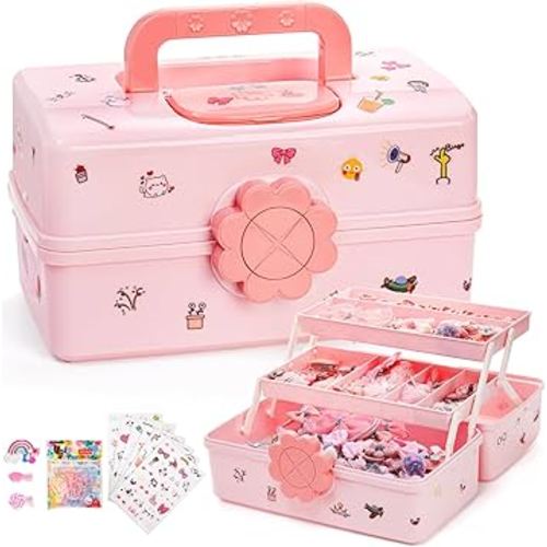 ZOOFOX Cute Hair Accessories Organizer for Girls, 3-Layers Pink Craft Storage Container with Handle, Lockable Storage Box for Hair Clip, Headband, Scrunchie, Cosmetic, Sewing, Toy, Washi Tape