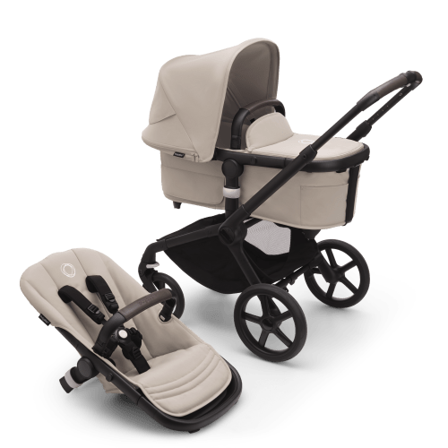 Bugaboo Fox 5 bassinet and seat stroller black base, desert taupe fabrics, desert taupe sun canopy