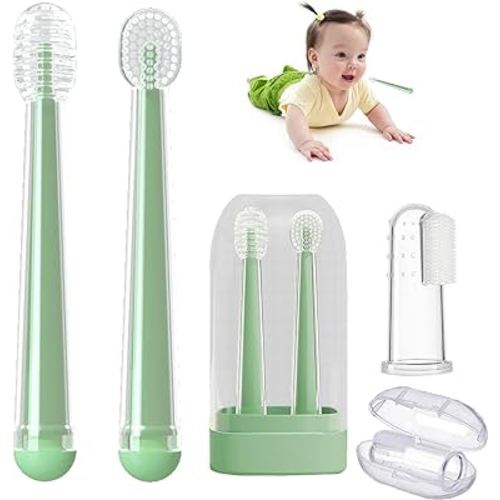 Baby Silicone Toothbrush Set, Toothbrush + Tongue Brush + Toothbrush + Finger Toothbrush with Cup for Training Teething, 0-18M Infant Toddler Newborn Baby Toothbrush Teeth Brushes (Green)