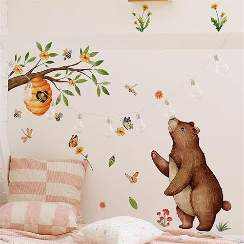 Jungle Animal Bear Wall Decals - Green Tree Branch Honey Bee Hive Peel and Stick Baby Nursery Kids Living Room Bedroom Decor