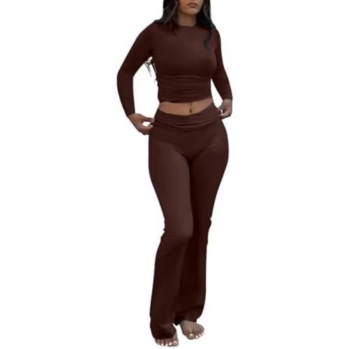 AYWA Women's 2 Piece Outfits Foldover Flare Pants Long Sleeve Crew Neck T-shirt Fitted Pajama Sets