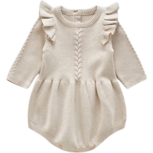 Baby Lizzie Ruffle Sleeve Knit Cotton Bodysuit, 0-3M, Beige