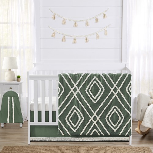 Diamond Tuft Dark Sage Green and Ivory 4pc Linen and Cotton Crib Bedding Set Boy or Girl Gender Neutral Unisex by Sweet Jojo Designs