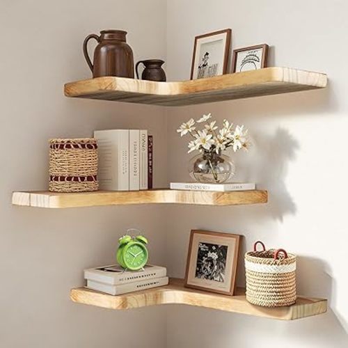 jubilander Floating Corner Shelves Set of 3, Solid Wood Picture Wall Shelf, Floating Shelves for Storage for Bedroom Kitchen Bathroom Living Room (Light Burnt)