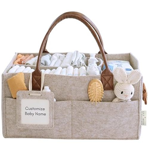 Lily Miles Baby Diaper Caddy Organizer, Nursery Storage Basket for Newborn Essentials, Neutral Gift for Baby Shower, Registry Must-Have, Car Organizer for Diapers and Wipes - Sand, Large