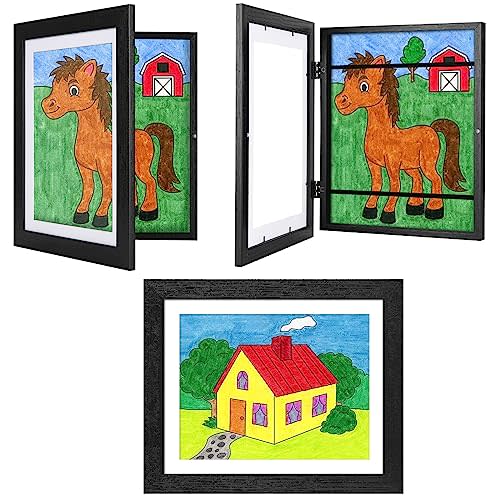 JDZIVTOP 3-Pack Black Woodgrain Kids Art Frames - 10x12.5 with Mat, 8.5x11 Without Mat, Changeable Front Opening, Holds Drawings, Crafts, Artwork
