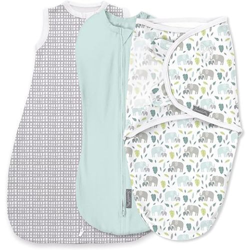 SwaddleMe by Ingenuity Comfort Pack Baby Swaddle Set, Size 0-3 Months, 5-14 Pounds, SwaddleMe Pod, Original Swaddle, Night Sack, 3pk - Baby Elephant
