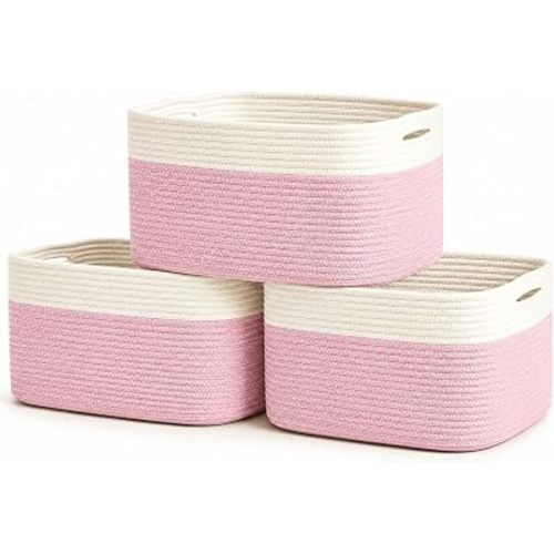 OrganiHaus Pink Cotton Rope Baskets for Shelves, Set of 3 - 15"×10"×9½" - Colorful Storage Baskets for Kids - Nursery, Playroom, Classroom - Toy Storage, Books, Towels