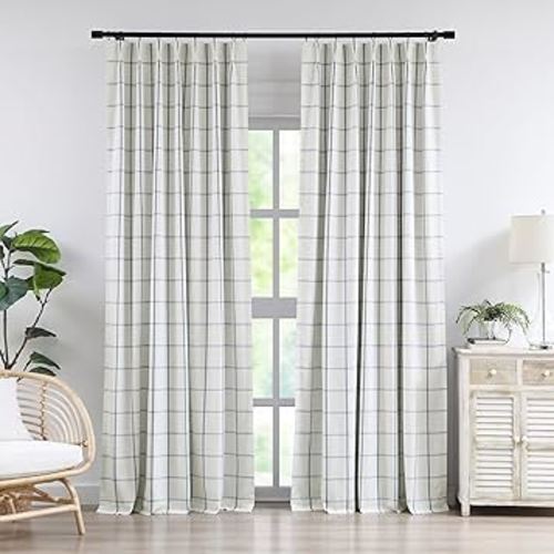 Vision Home Blue Plaid Linen Pinch Pleated Full Blackout Curtains Checkered Thermal Insulated Window Panels 90 inch for Bedroom Living Room Darkening Rustic Pinch Pleat Drapes with Hooks 40" Wx95 Lx2