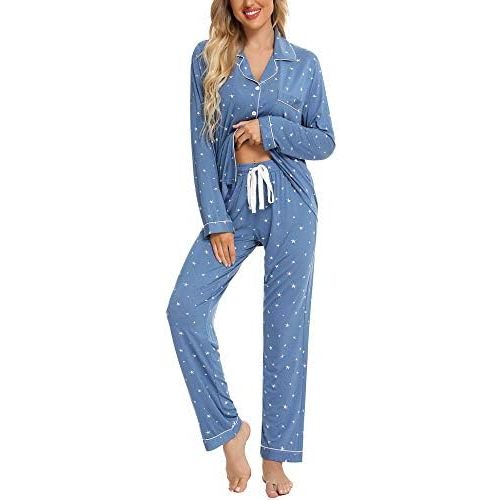 Anjue Pajamas for Women Soft Button Up Pajama Set Long Sleeve Shirt and Pajama Pants Lounge Sets S-XXL