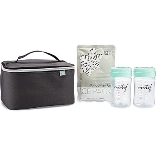 Motif Medical Luna Breast Milk Storage Cooler Set - Insulated Bag w/ 2 Containers & Ice Pack - Breast Milk Travel Bag for On-The-Go Moms - Perfect for Work, Travel & Vacation (Black)
