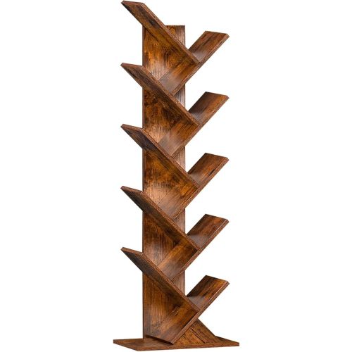 10 Tier Tree Book Shelf, Floor Standing Wood Bookshelf for Narrow Space, Storage Organizer Bookshelves for Books/CDs/Magazine, Bookcase with Shelves for Home Office, Living Room - Brown