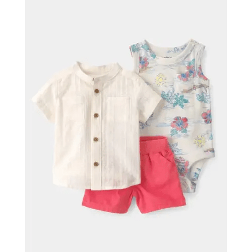 (3-6M) Baby Boy 3-Piece Tropical Beach Short-Sleeve Bodysuit, Top & Short Set | Carter's