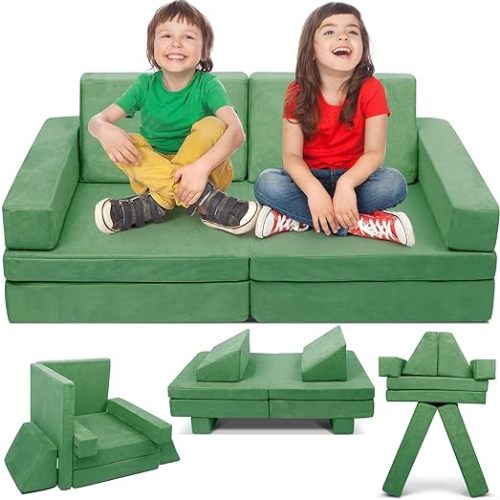 Modular Kids Play Couch, 8-Piece Kids Couch Building Fort, Children Convertible Sofa Foam Couch for Playroom Bedroom, Toddler Sectional Cushion Fort Couch for Boys and Girls, Dark Green