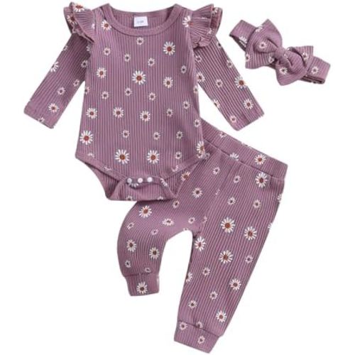Hnyenmcko Newborn Baby Girl Fall Outfits Rib Frill Long Sleeve Ruffled Romper Solid Pants Headband Set 3Pcs Winter Clothes