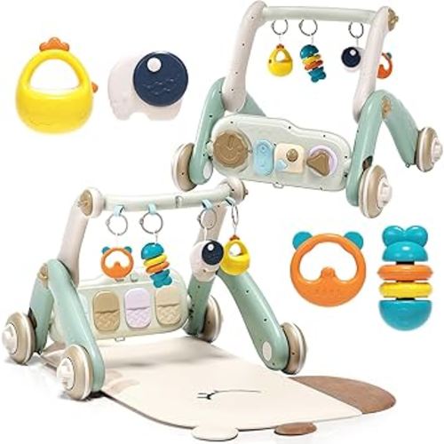 2 in 1 Baby Gym with Walker,Baby Play Mat with 4 Infant Learning Sensory,Double-Sided Multifunctional Removable Play Piano Panel,Sit-to-Stand Learning Walker for 0-24 Months Boy Girl [White]