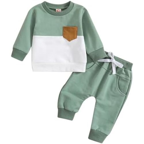 Toddler Baby Boy Sweatshirt and Pants Set Casual Outfits Color Block Long Sleeve Top+Pocket Sweatpants 3M-3T