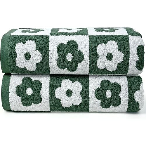 Jacquotha Green Bath Towels Set of 2 Checkered Floral - Quick Dry Cotton Towels Decorative Bathroom Essentials for Women Men Kids Gifts 27.5x55 Inches