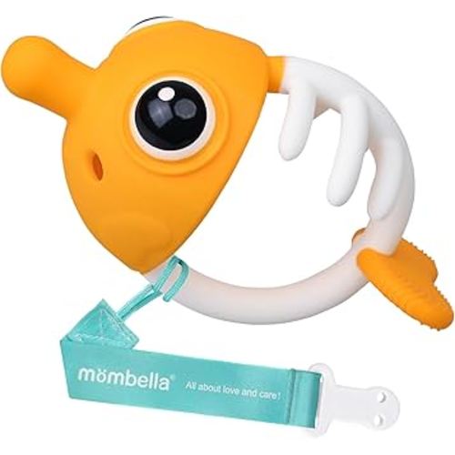Mombella Clownfish Teethers for Babies 3-6 Months, Baby Teething Toys 6-12 Months with Lanyard to Attach on, Silicone Tether with Different Textures to Gnaw, Ergonomic for Little Hands, Saffron