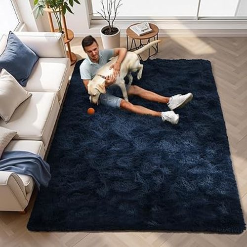Blue Rugs for Bedroom Fluffy 4x6 ft Living Room Furry Rug Non-Slip Area Rugs Shag Carpet for Nursery Kids PlayRoom Dorm Indoor 1.7'' Thick Modern Plush Floor Carpets Boys,Navy Blue
