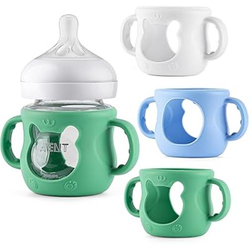 Desing Wish 3 Pack 4oz Silicone Sleeves with Handles for Avent Glass Natural Baby Bottles, Anti Breakage Protective Sleeves Compatible with Philips Avent Glass Baby Bottle 4 oz - Little Bear