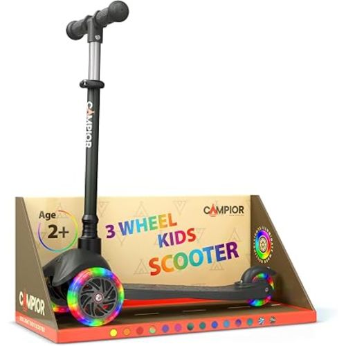 Black Mini 3 Wheel Scooter for Kids – Lean-to-Steer with LED Light-Up Wheels, Adjustable Handlebar, Wide Anti-Slip Deck, Smooth PU Wheels, Rear Foot Brake – Toddler Scooter for Ages 2+