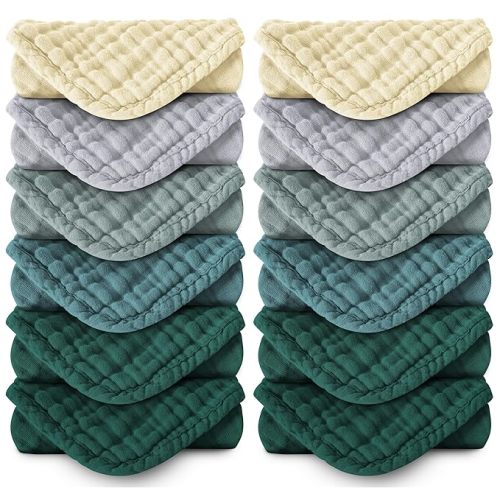 MOON PARK Baby Washcloths, 12 Pack - 12x12 Inches, Small Burp Cloths and Baby Wipes - 100% Cotton Muslin Ultra Soft for Newborn, Infant and Toddlers - Ivory, Slate and Emerald Series