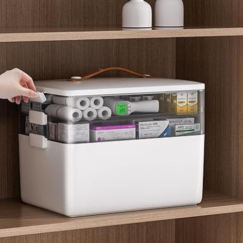 JOYBOS 3-Tier Medicine Storage Box Cabinet, Empty First Aid Kit Portable Medical Supply Organizer with Leather Handle for Home