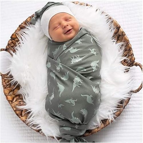 Baby Boy Receiving Blanket Swaddle Blanket Newborn Wrap Sack Headband Set -Dinosaur Pattern