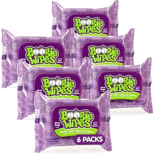 Baby Saline Wipes by Boogie for Face, Body & Nose, for Baby and Kids Made with Natural Saline, Grape Scent, 180 Count (Pack of 6)