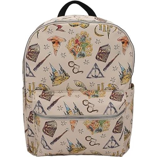 Harry Potter Tattoo Art Cream Color Vegan Leather Backpack Featuring Newly Released Whimsical Icon Watercolor Allover Print, 16” Inches, Adjustable Straps, Cream