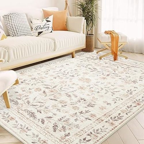 Rugs for Living Room 6x9 Rug, Washable Floral Boho Area Rug Non Slip Soft Low Pile Large Rugs for Bedroom Girls, Dining Room, Office, Kids Playroom(6'x9', Floral Beige)