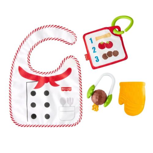 Fisher-Price Cutest Chef Gift Set, 4 cooking-themed baby toys with wearable bib and teether for babies ages 3 months and older