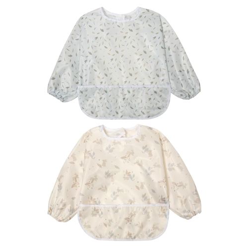 Little Dimsum Full Sleeved Feeding Bib 2 Pack,Baby & Toddler Waterproof Bib Apron,Food Protection Large Pocket Eating Smock 6-36 Months(Yellow Rabbit&Blue leaves)