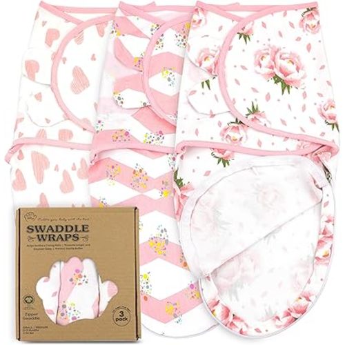 Bublo Baby Swaddle Sleep Sack with Zipper - Swaddles for Newborns - 3 Pack Organic Baby Swaddles for 0-3 Months - Infant Sleeping Swaddle Sack – Adjustable Swaddle Blanket Wrap Girl, Pink Floral