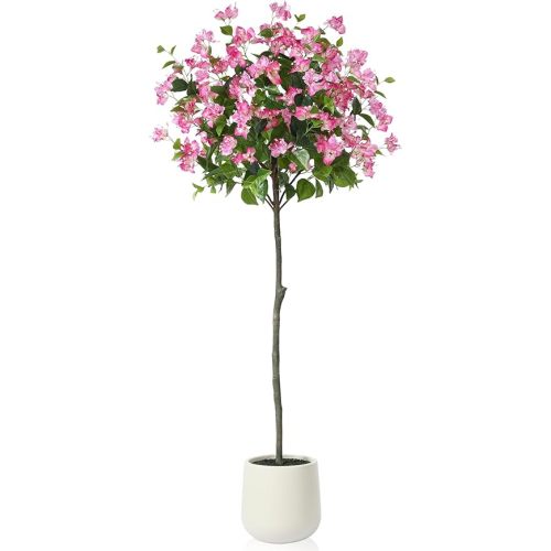 6FT Artificial Bougainvillea Tree- Faux Pink Silk Flowers in White Imitation Ceramic Planter - Fake Plants for Indoor Home Office and Living Room Decor - Perfect Housewarming Gift