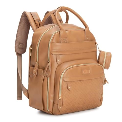 BabbleRoo Leather Diaper Bag Backpack - Baby Essentials Travel Baby Bag, Multi function, Waterproof, with Changing Pad, Stroller Straps & Pacifier Case – Unisex, Light Brown - Faux Leather - Vegan Leather – Light Brown