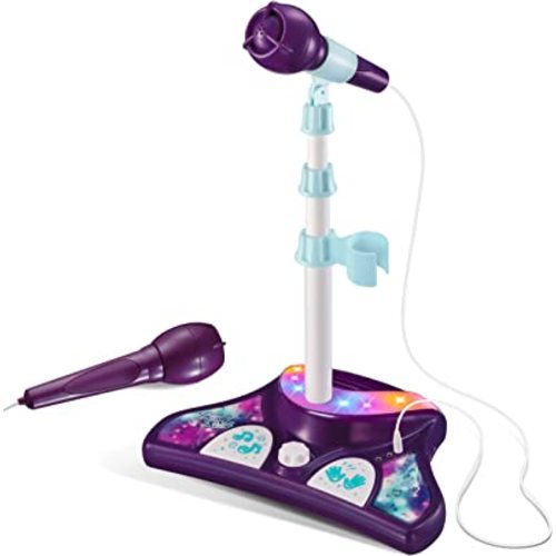 Kids Karaoke Machine with 2 Microphones and Adjustable Stand,AUX Port, Music Sing Along with Flashing Stage Lights and Pedals for Fun Musical Effects