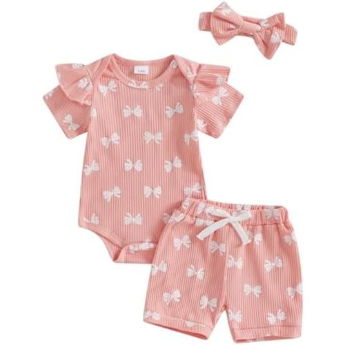 Newborn Baby Girl Clothes Summer Knit Ribbed Floral Print Short Sleeve Romper Shorts Headband Outfit Set